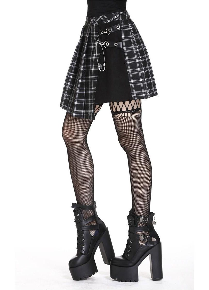 Leah tartan mini skirt side view - gothic plaid skirt faux leather detail Dark In Love