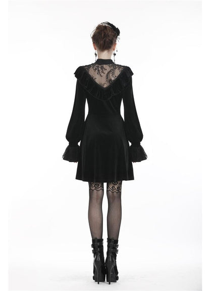 Black velvet dress back view - Avina gothic dress lace detailing long sleeves Dark In Love