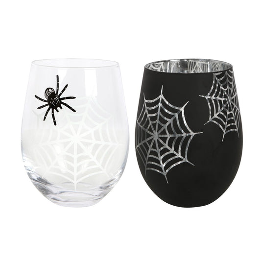 Gothic Gifts Set of 2 Spider and Web Stemless Wine Glasses - Kate's Clothing