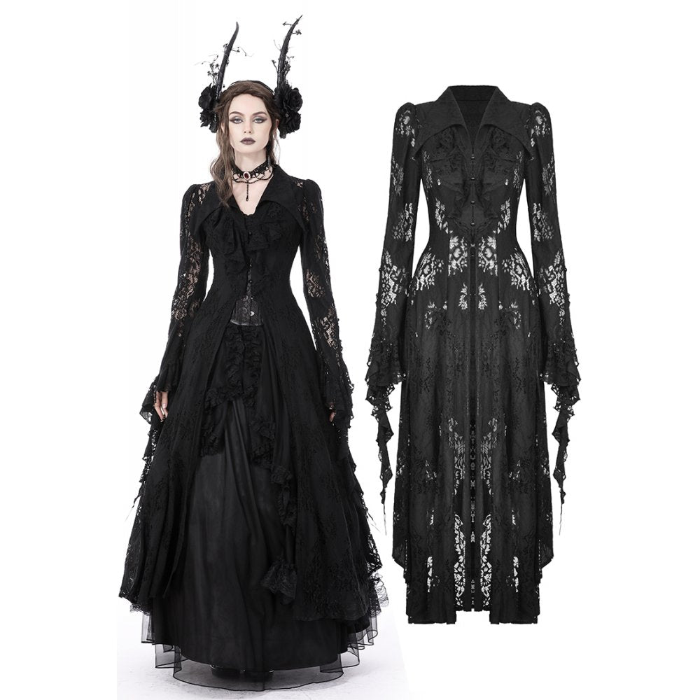 Gothic Womens Black Coat With Red Insert And Lace