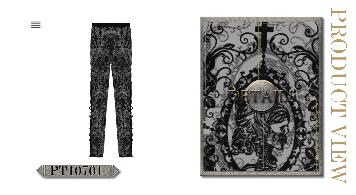 Devil Fashion Black On Black Velvet Embossed Baroque Leggings - Kate's Clothing