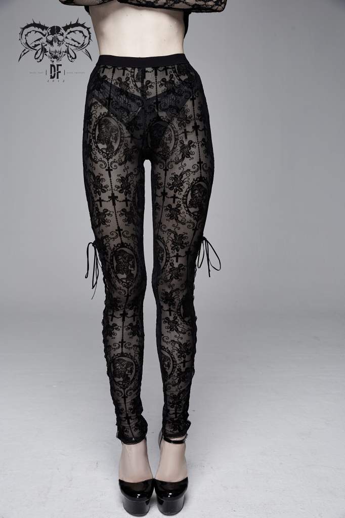 Devil Fashion Black On Black Velvet Embossed Baroque Leggings - Kate's Clothing