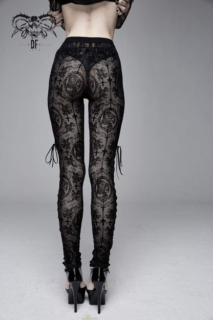 Devil Fashion Black On Black Velvet Embossed Baroque Leggings - Kate's Clothing