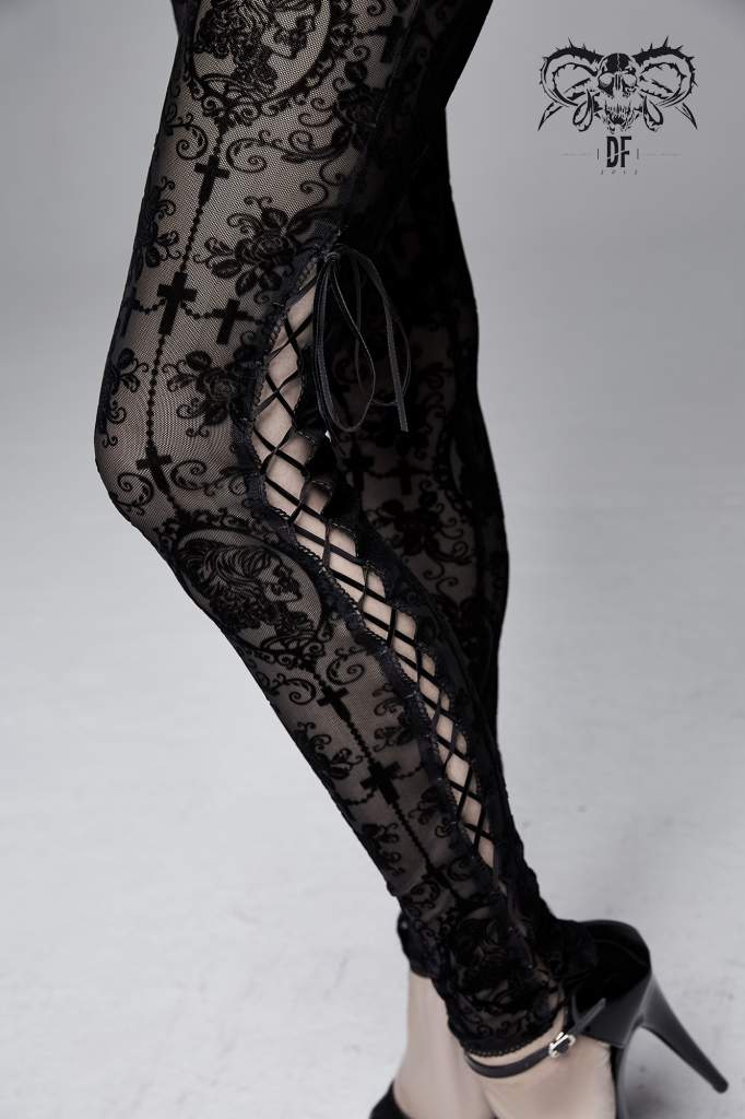 Devil Fashion Plus Size Black On Black Velvet Embossed Baroque Leggings - Kate's Clothing