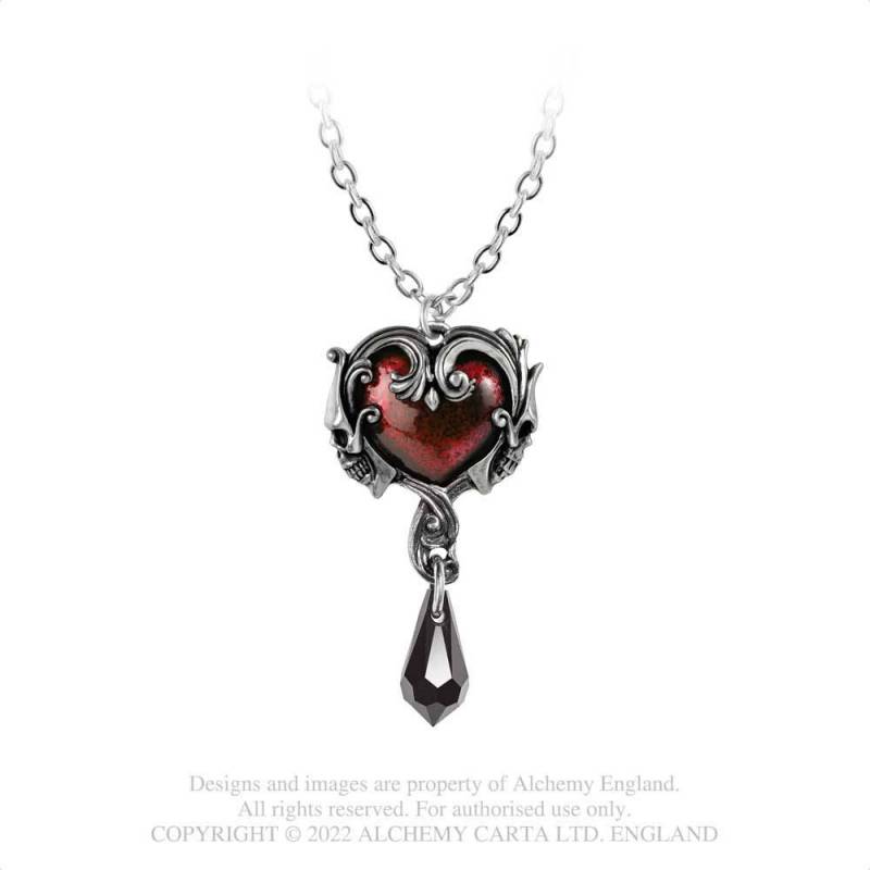 Alchemy Gothic Petite Affair Du Coeur heart pendant red enamel black crystal skulls handmade