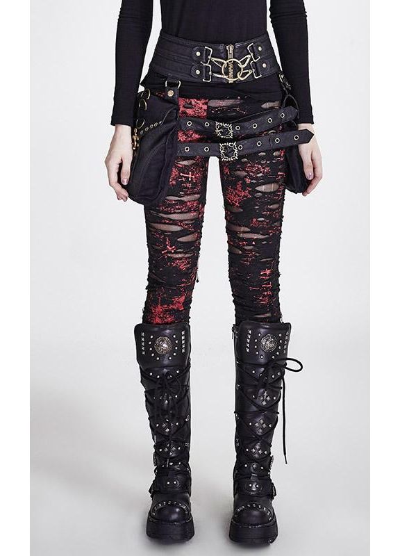 Gothalyptic Lara leggings distressed - gothic mesh red splatter black leggings Punk Rave