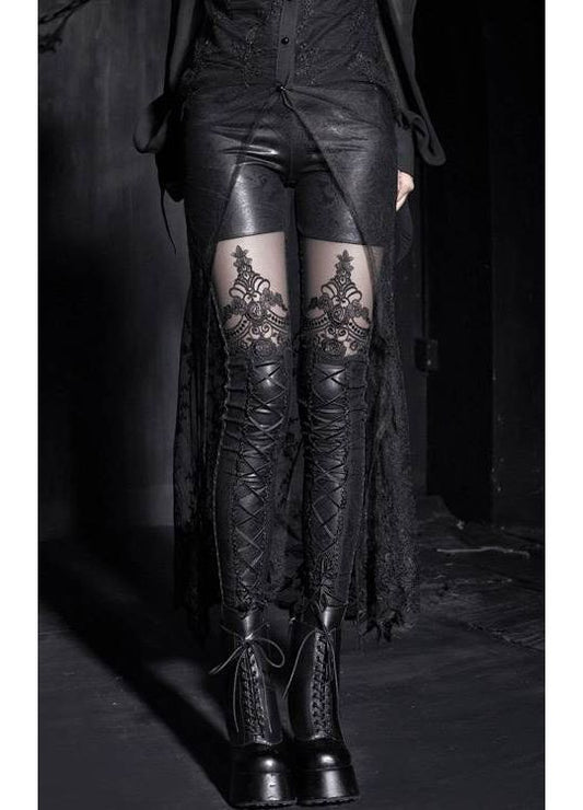 Punk Rave Macbeth gothic leggings with mesh thigh panels and corset lace detail - front view
