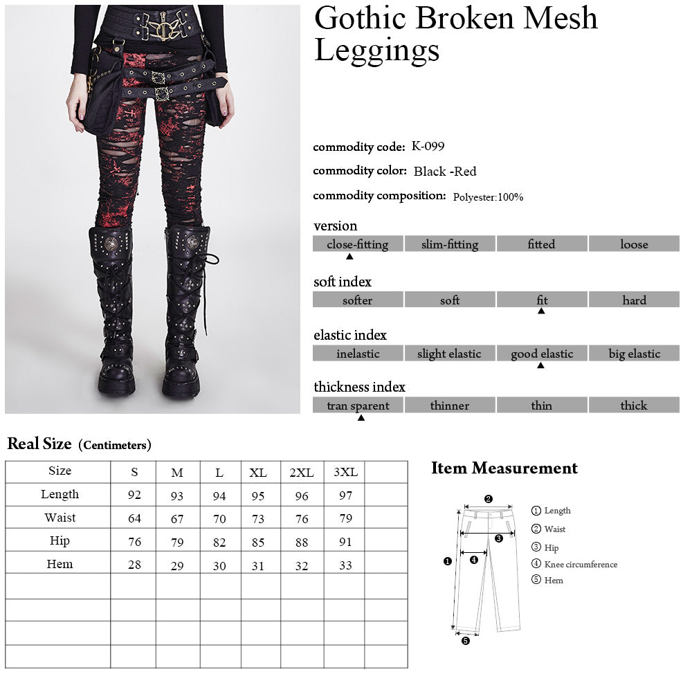 Punk Rave Lara leggings size guide - gothalyptic distressed gothic mesh red splatter leggings