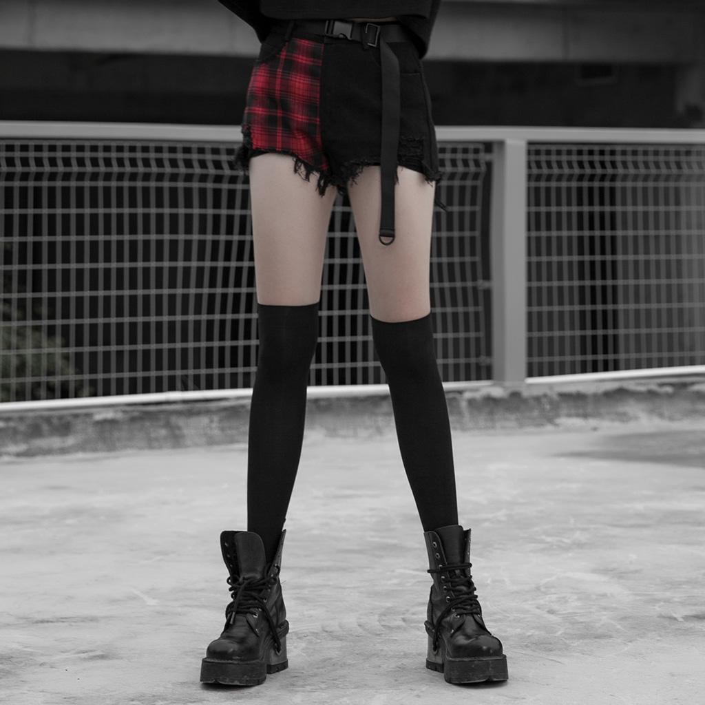 Punk Rave Red Tartan and Black Ripped Shorts - Kate's Clothing