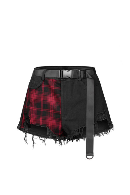 Punk Rave Red Tartan and Black Ripped Shorts - Kate's Clothing