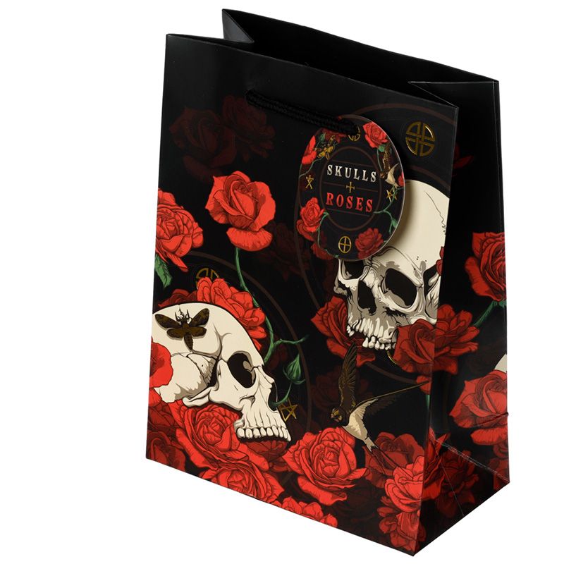Gothic Gifts Skulls And Red Roses Medium Gift Bag - Kate's Clothing