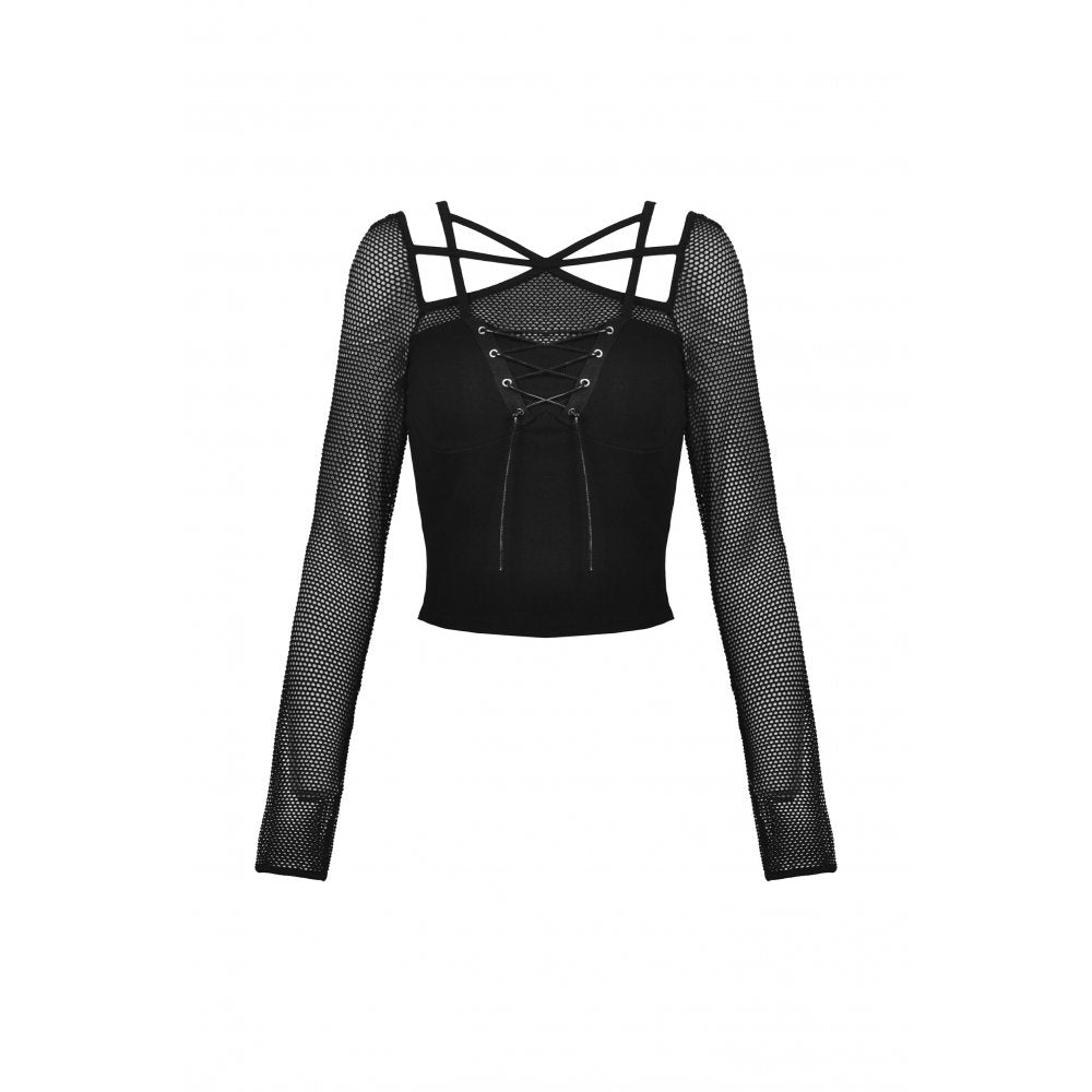 Dark In Love Xolani Top with Lace Up Feature and Fishnet Sleeves - Kate's Clothing