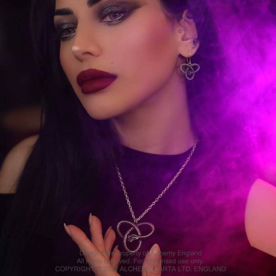 Alchemy Gothic Eve's Triquetra pendant worn on model coiled snake trinity knot necklace with green crystal detail