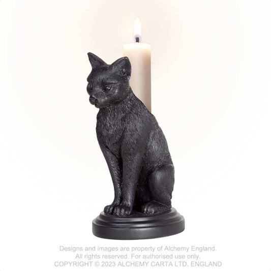 Alchemy Gothic Faust's Familiar candlestick holder front view black cat gothic candle holder statue