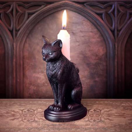 Alchemy Gothic Faust's Familiar candlestick holder with lit candle black cat gothic resin decor