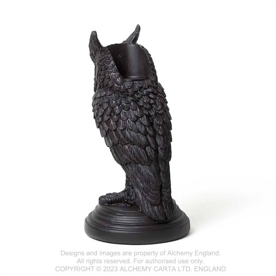 Alchemy Gothic Owl of Astrontiel candlestick holder front view detailed resin owl gothic home decor