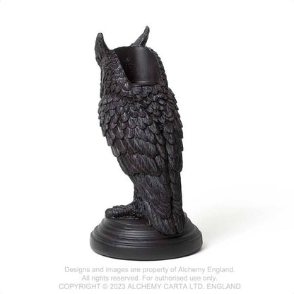 Alchemy Gothic Owl of Astrontiel candlestick holder front view detailed resin owl gothic home decor