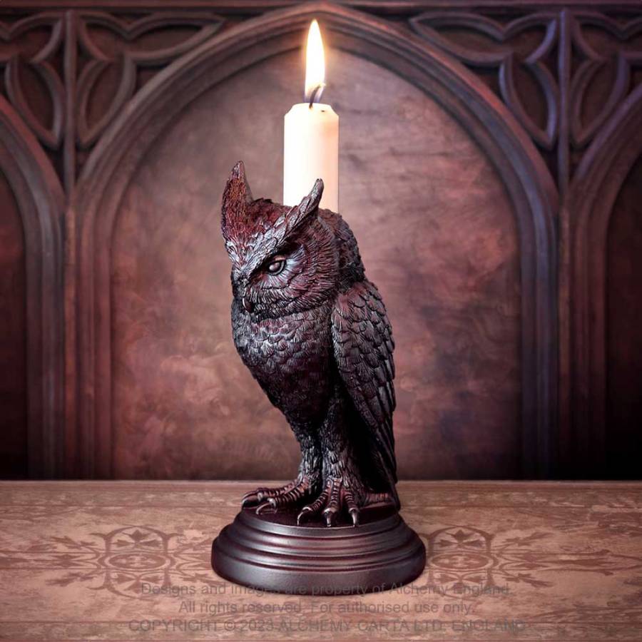 Alchemy Gothic Owl of Astrontiel candlestick holder with lit candle gothic owl design resin candle holder