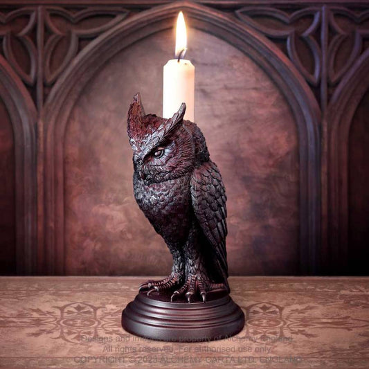 Alchemy Gothic Owl of Astrontiel candlestick holder with lit candle gothic owl design resin candle holder