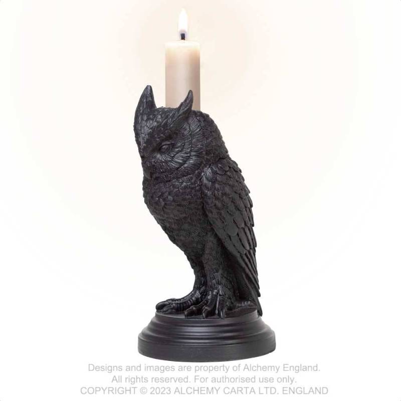 Alchemy Gothic Owl of Astrontiel candlestick holder side view resin owl gothic candle holder decor