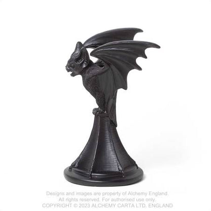 Alchemy Gothic Vespertilio bat candlestick holder angled view showing detailed gothic bat wing design