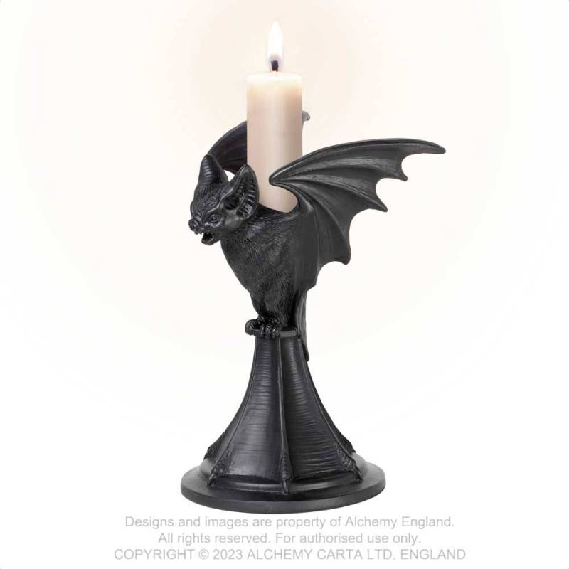 Alchemy Gothic Vespertilio bat candlestick holder front view gothic bat wings candle holder resin decor
