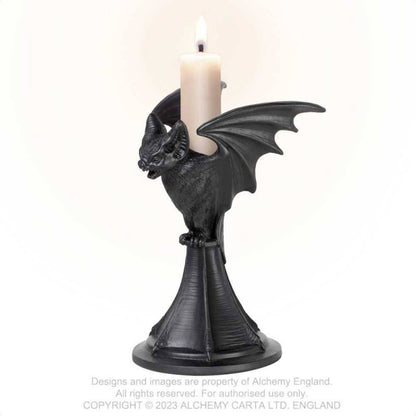 Alchemy Gothic Vespertilio bat candlestick holder front view gothic bat wings candle holder resin decor