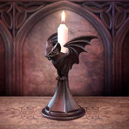 Alchemy Gothic Vespertilio bat candlestick holder with lit candle gothic bat statue resin candle holder decor