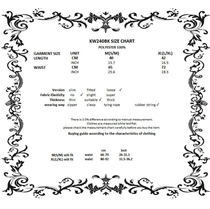 Dark in Love Fringilla mini skirt size chart with measurements for gothic layered frilly skirt