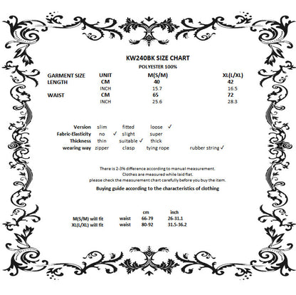 Dark in Love Fringilla mini skirt size chart with measurements for gothic layered frilly skirt