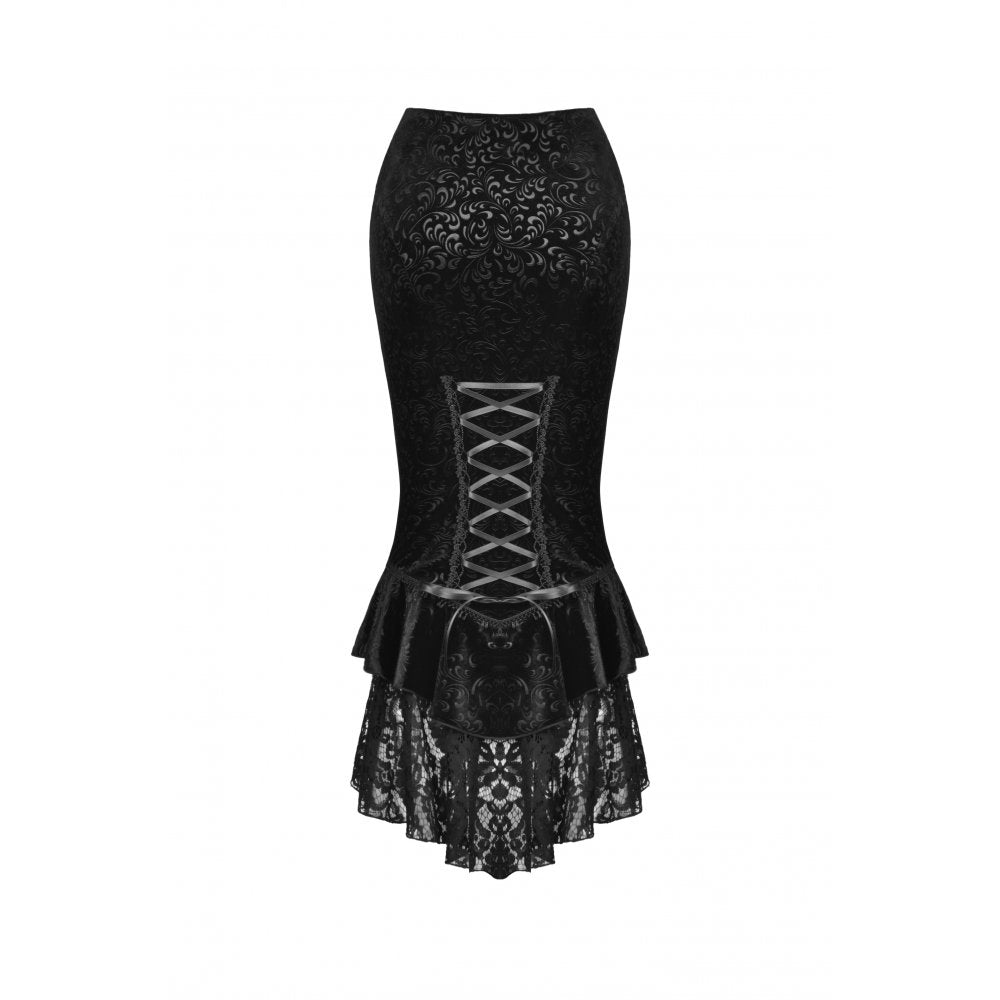 Dark in Love Zira velvet fishtail skirt flat lay front view with gothic lace applique and velvet jacquard