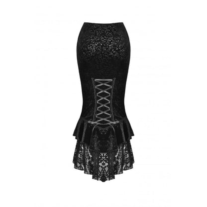 Dark in Love Zira velvet fishtail skirt flat lay front view with gothic lace applique and velvet jacquard