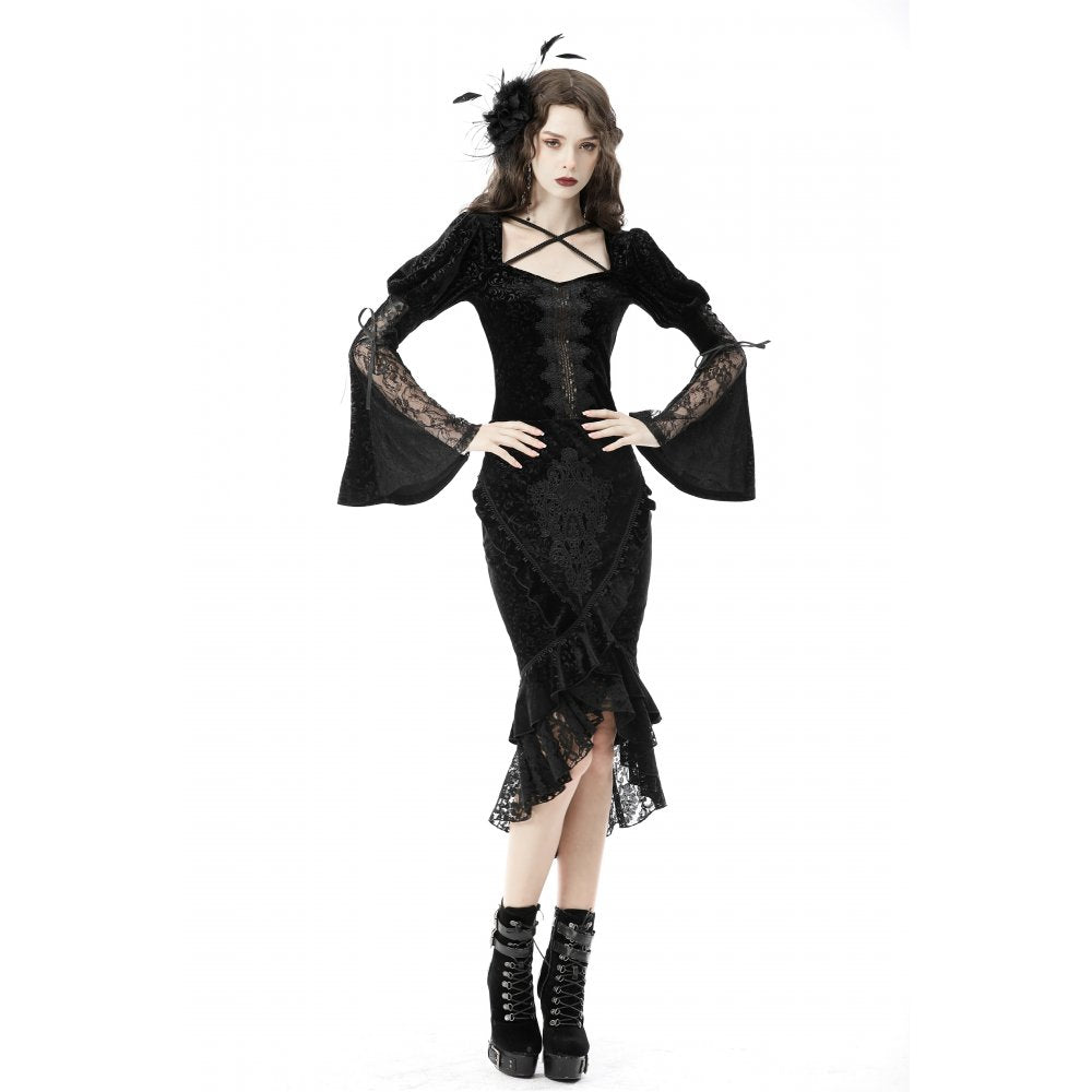 Dark in Love Zira velvet fishtail skirt full front view with striking lace applique and gothic silhouette