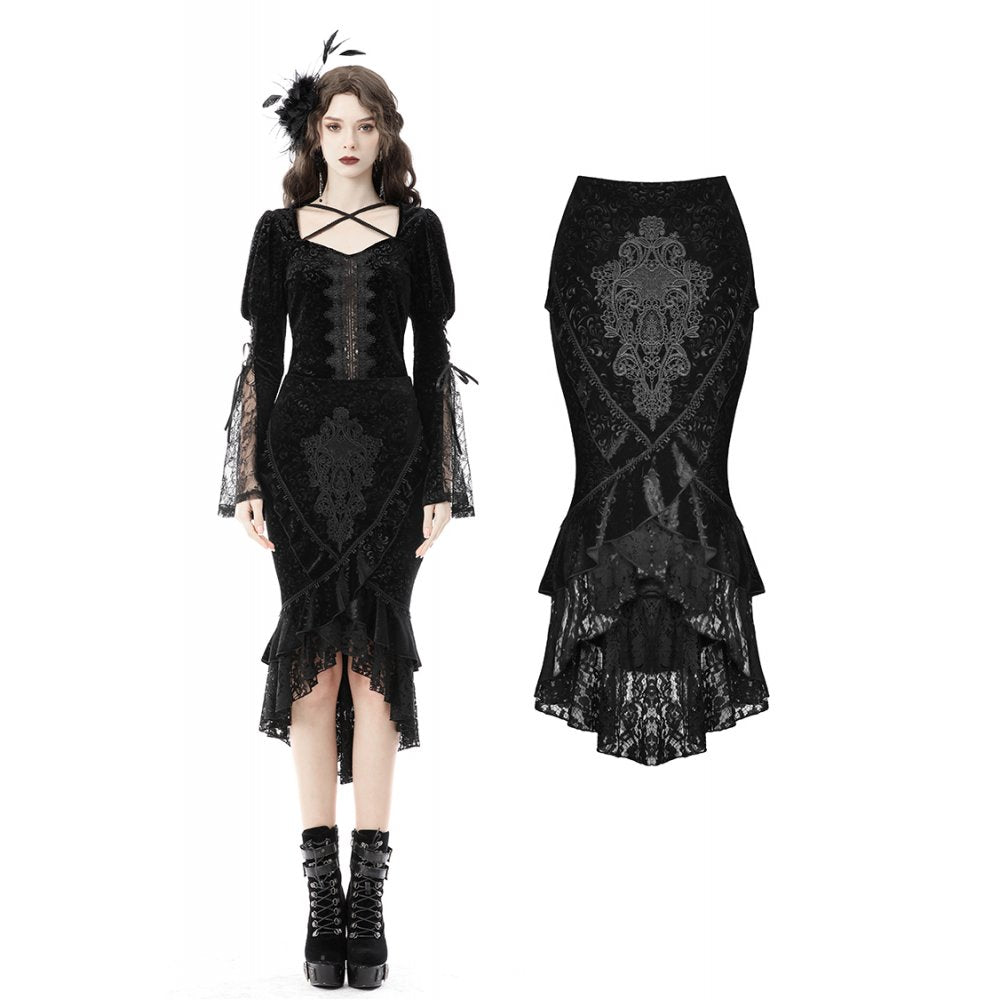 Dark in Love Zira velvet fishtail skirt front view on model featuring jacquard velvet fabric and lace hem