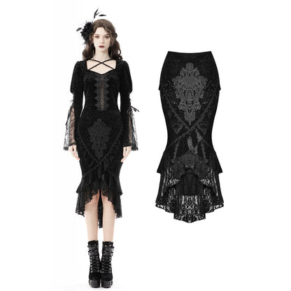 Dark in Love Zira velvet fishtail skirt front view on model featuring jacquard velvet fabric and lace hem