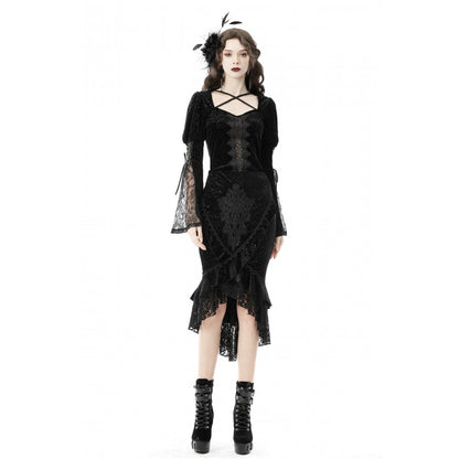 Dark in Love Zira velvet fishtail skirt on model posing with gothic lace hem and corset back with model stand pose