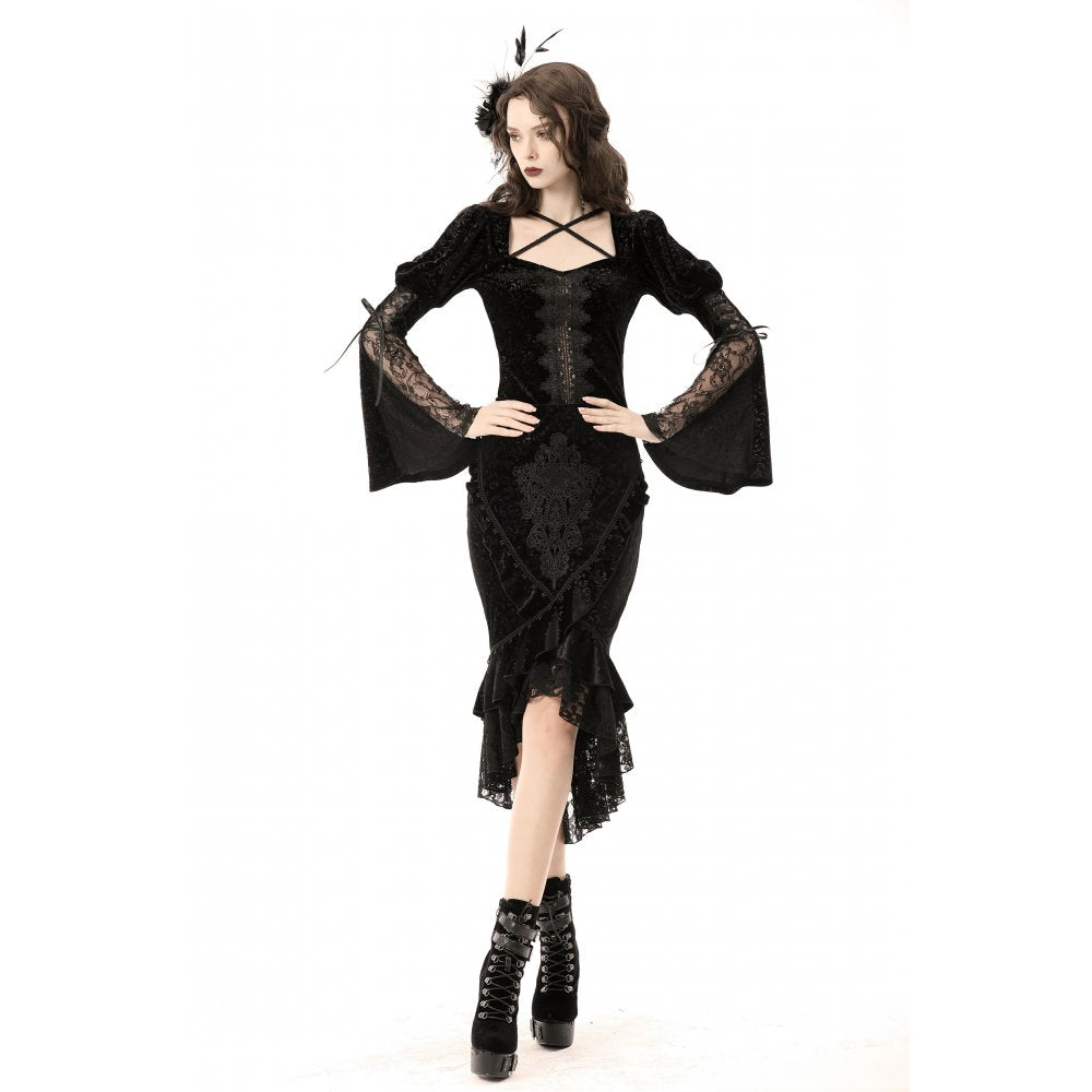 ark in Love Zira velvet fishtail skirt worn by model walking highlighting fishtail flare and velvet fabric wth model