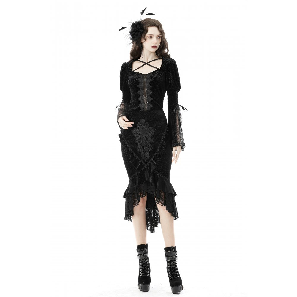 Dark in Love Zira velvet fishtail skirt on model posing with gothic lace hem and corset back