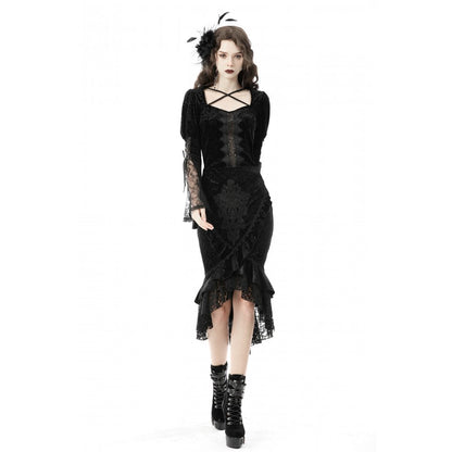 Dark in Love Zira velvet fishtail skirt styled with gothic outfit showcasing velvet jacquard and lace trim