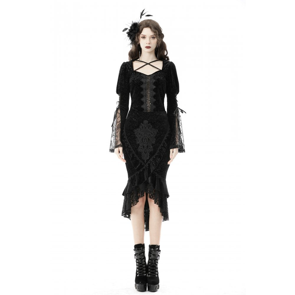 Dark in Love Zira velvet fishtail skirt worn by model walking highlighting fishtail flare and velvet fabric