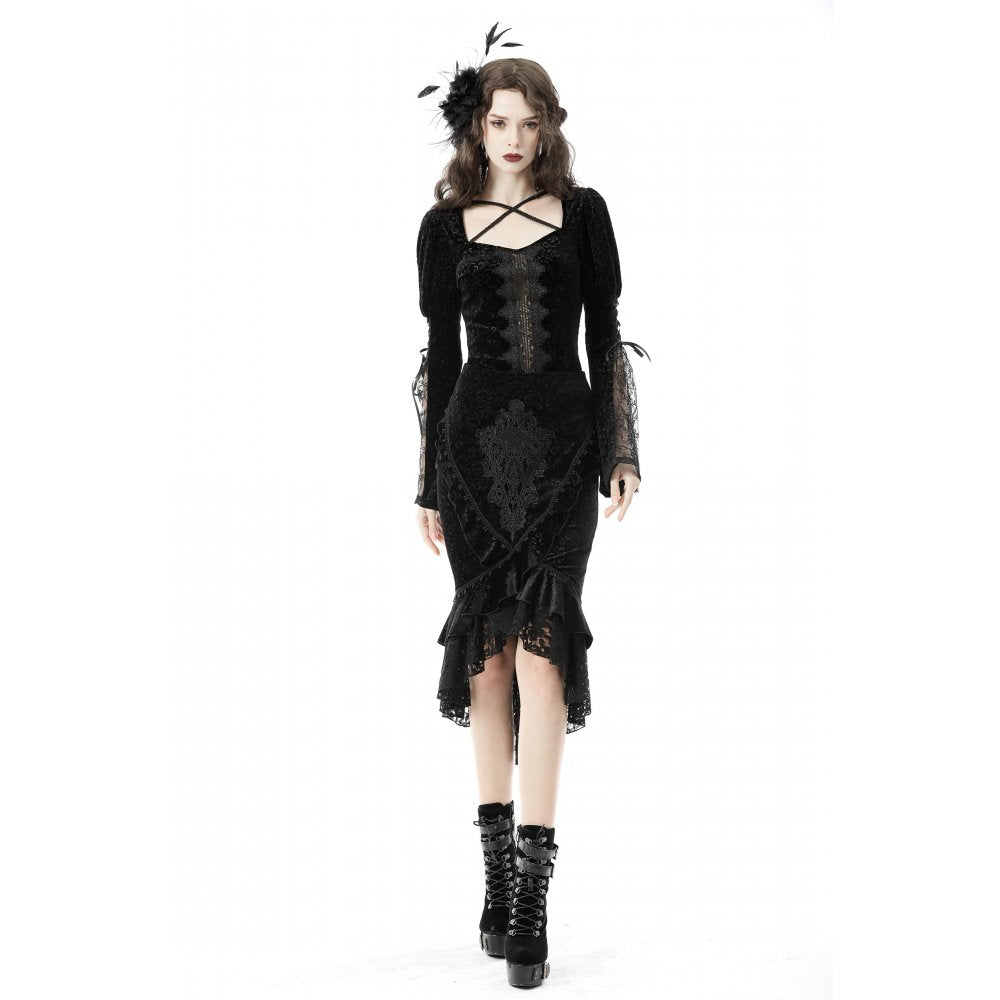 Dark in Love Zira velvet fishtail skirt on model walking, gothic midi skirt with lace hem and velvet texture