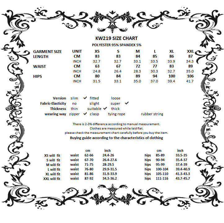 Dark in Love Zira velvet fishtail skirt size chart for gothic midi skirt measurements