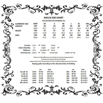 Dark in Love Zira velvet fishtail skirt size chart for gothic midi skirt measurements