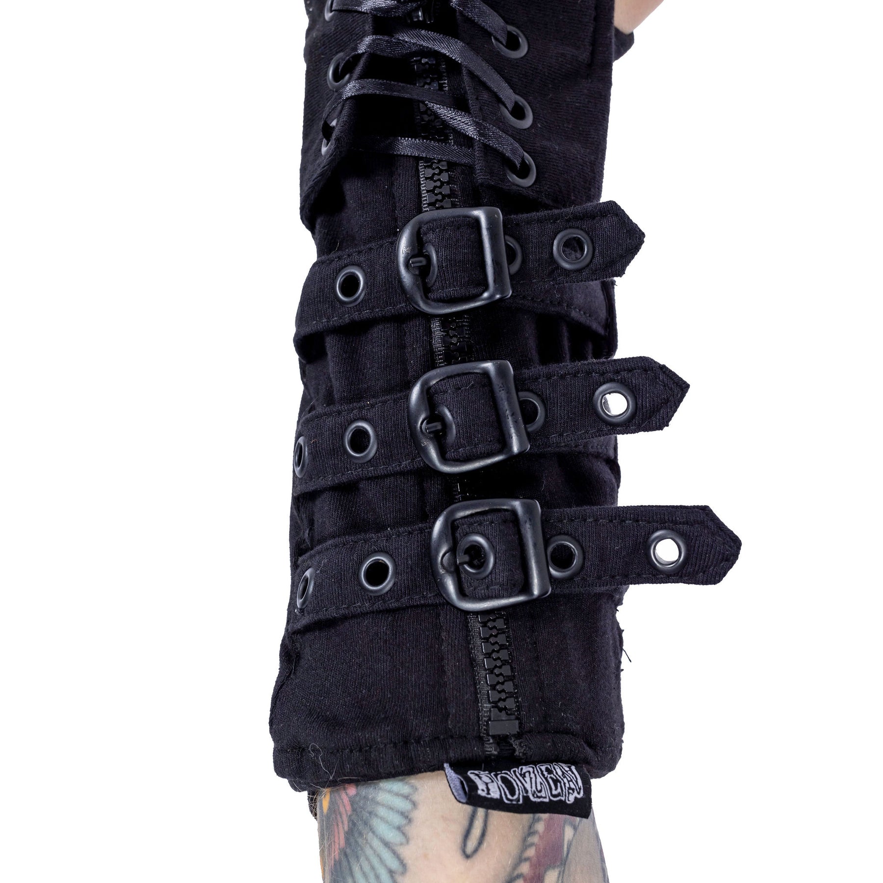 Poizen Industries Astaroth armwarmers side view with decorative buckle straps gothic alternative armwear