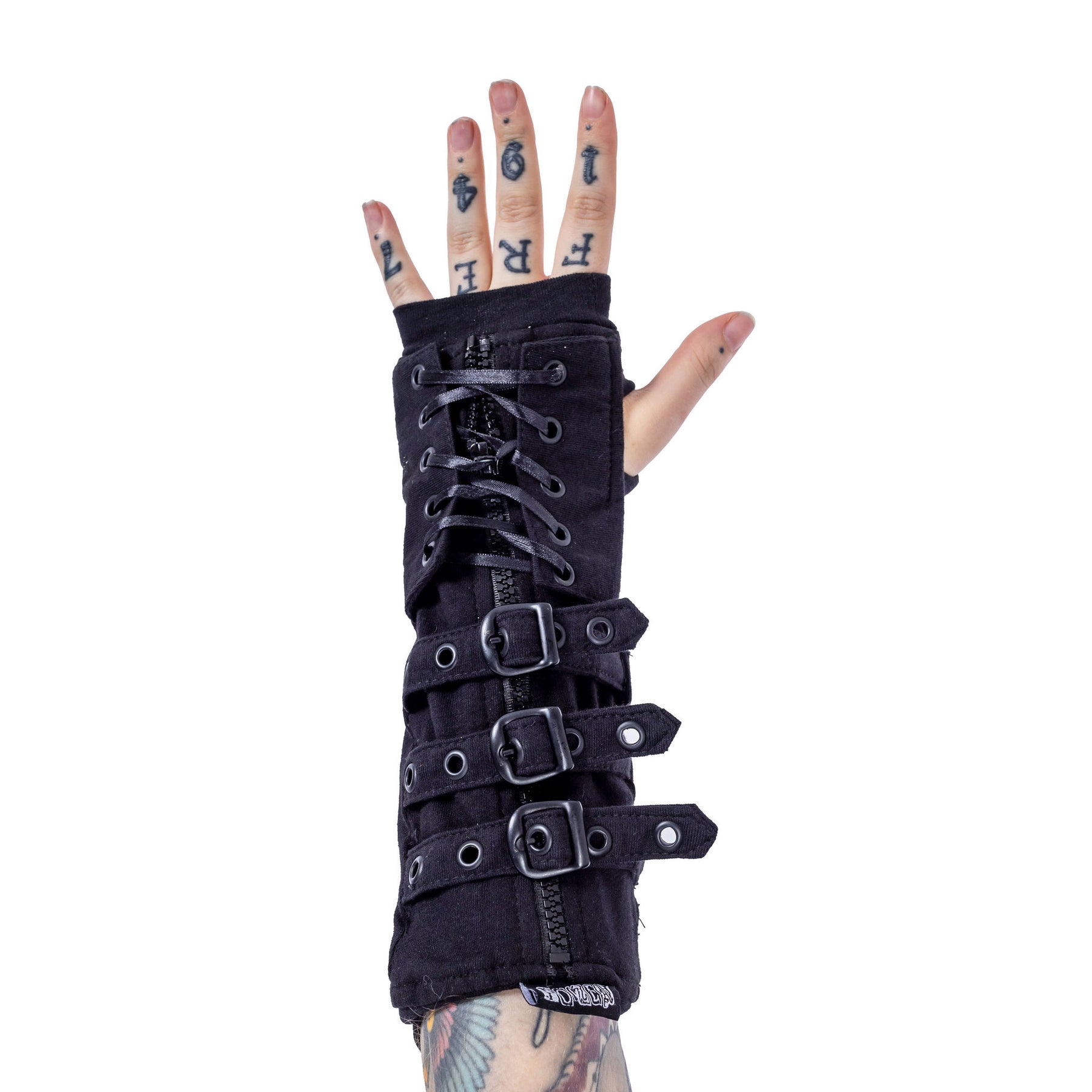 Poizen Industries Astaroth armwarmers black gothic armwear with buckle straps lace-up detail and thumb hole