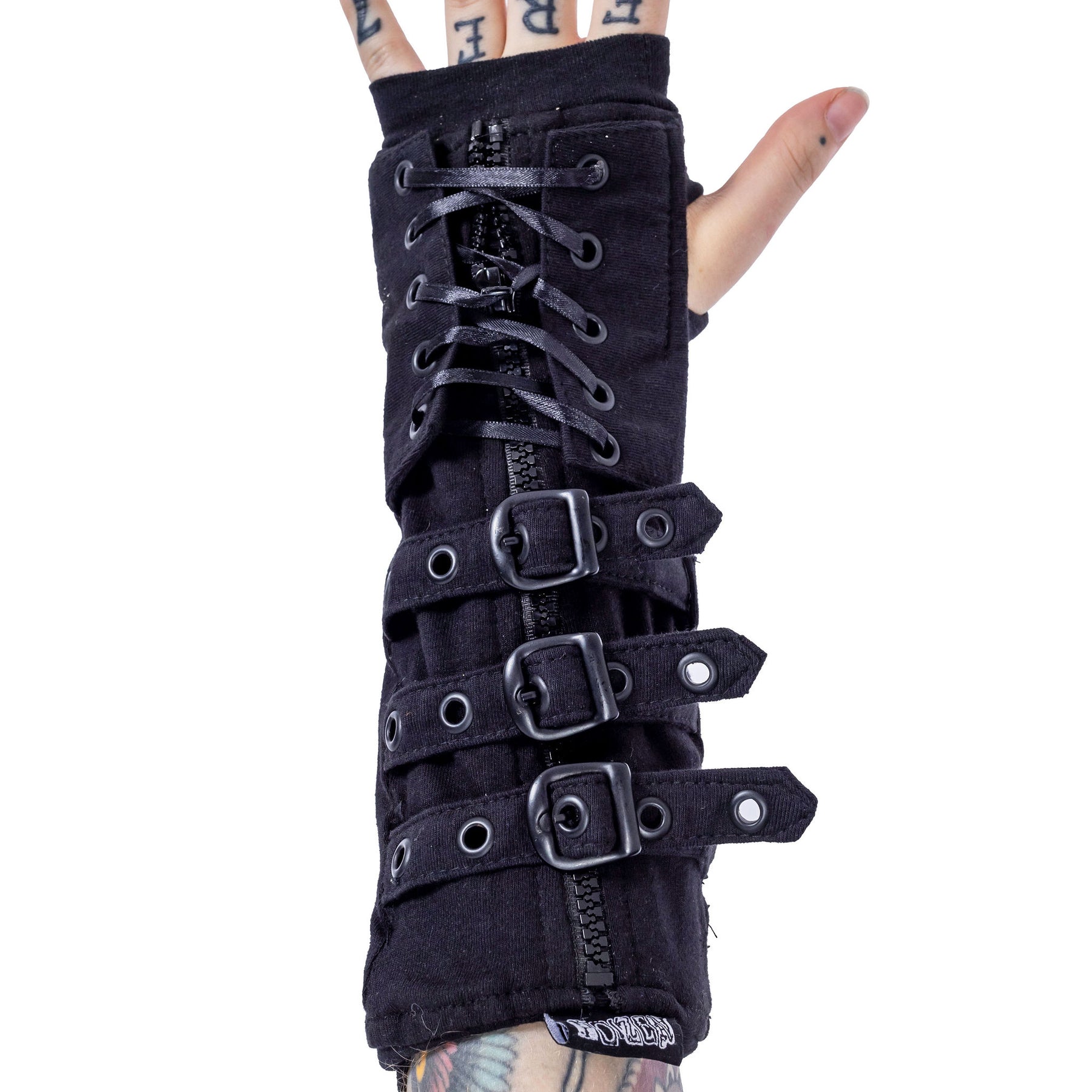 Poizen Industries Astaroth armwarmers close-up showing lace-up gothic detailing and buckle strap design
