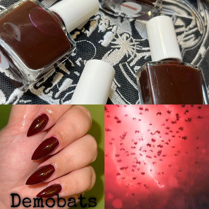 Radioactive Unicorn Demobats nail polish bottle deep burgundy shade with glossy finish vegan cruelty free