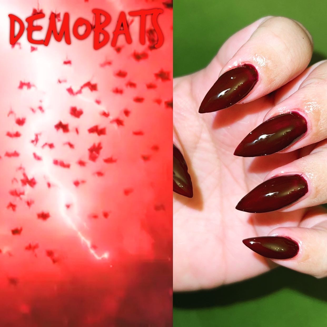 Radioactive Unicorn Demobats nail polish dark red burgundy manicure showing glossy shine and bold colour