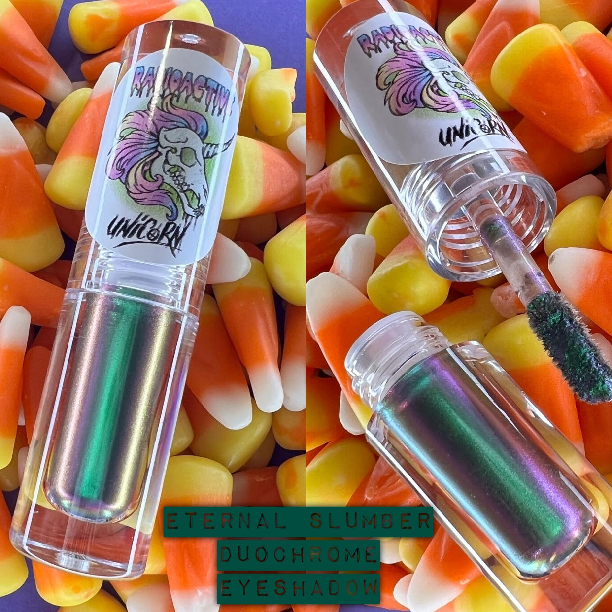 Radioactive Unicorn Eternal Slumber liquid eyeshadow duochrome teal and purple shimmer vegan cruelty free makeup