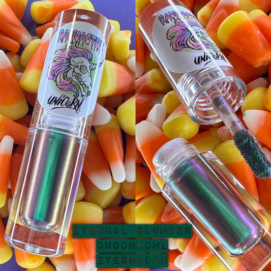 Radioactive Unicorn Eternal Slumber liquid eyeshadow duochrome teal and purple shimmer vegan cruelty free makeup